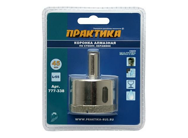 КОРОНКА алмазная по стеклу и керамике (45 мм) серия "Мастер" ПРАКТИКА 777-338