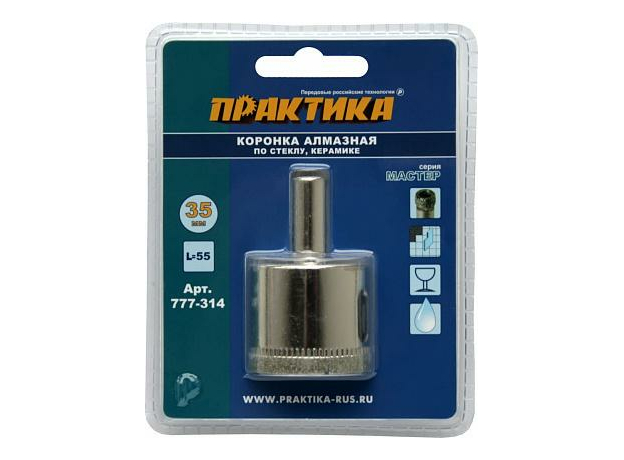 КОРОНКА алмазная по стеклу и керамике (35 мм) серия "Мастер" ПРАКТИКА 777-314