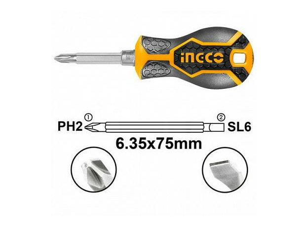Отвертка двухсторонняя 2 в 1; SL6 и PH2 (стержень 6,35х75мм) INGCO AKISD0202