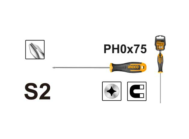 Отвертка крестовая PH0*75мм S2 INGCO INDUSTRIAL HS68PH0075