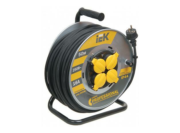 Удлинитель 50 метров УК50 на металлической катушке с термозащитой 4 места 2Р+PЕ КГ 3х2,5мм2 IP44 , WKP17-16-04-50-44 IEK