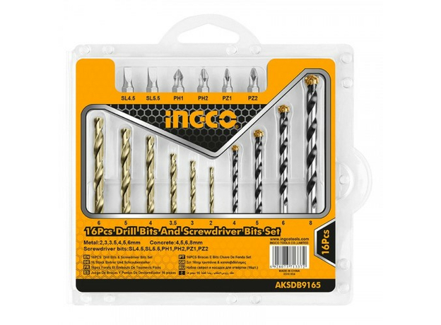 Набор сверл и бит (6шт по металлу; 4 по бетону; 6 бит) INGCO AKSDB9165