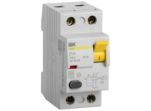 Устройство защитного отключения (УЗО) ВД1-63 25А 2П двухполюсный 30мА MDV10-2-025-030 IEK
