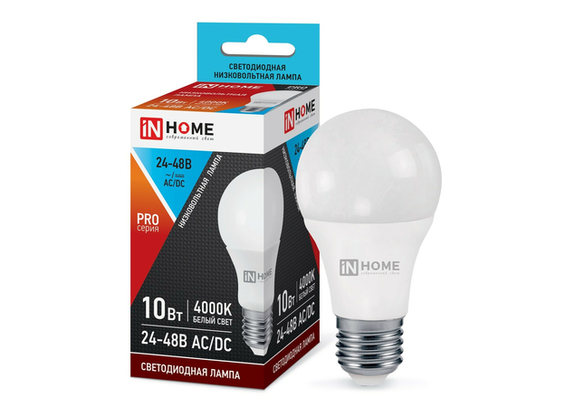 Лампа светодиодная 10 Вт E27 А60 4000К 800Лм низковольтная 24-48В LED-МО-PRO 4690612031484 IN HOME