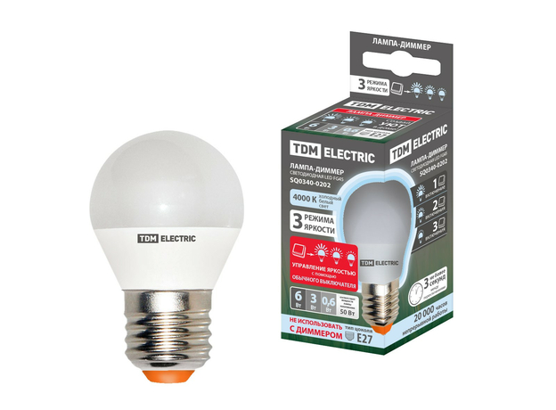 Лампа светодиодная 6 Вт FG45 -230В-3000 К–E27 "Лампа-ДИММЕР" SQ0340-0203 TDM