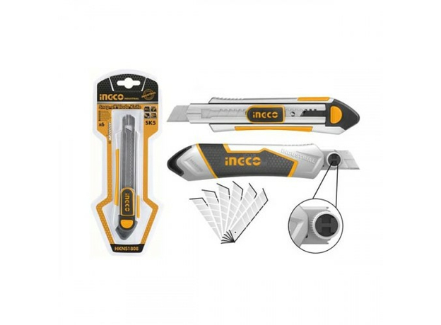 Нож технический (канцелярский) лезвие SK5 18*100 мм, 169 мм, 6 лезвий в комплекте INDUSTRIAL HKNS1808 INGCO