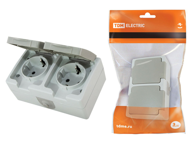 Розетка двойная 2П+3 (горизонтальная) открытой установки IP54 16А "Вуокса" SQ1803-0008 TDM