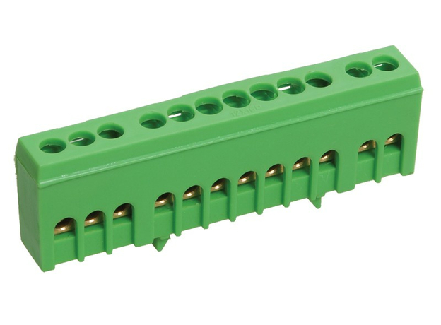 Шина "PE" (земля) 12 отверстий 6х9 мм на DIN-рейку в корпусном изоляторе (зеленый) YNN10-69-12KD-K06 IEK