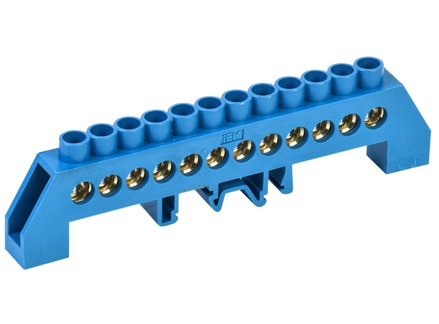 Шина "N" (ноль) 12 отверстий 8х12 мм DIN-изолятор комбинированный (синий) ШНИ-8х12-12-КС-С YNN10-812-12DP-K07 IEK