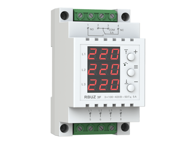 Реле контроля напряжения трехфазное на дин-рейку, для техфазных электродвигателей 5А, RBUZ 3F
