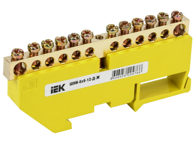 Шина "PE" (земля) 12 отверстий 6х9 мм на DIN-изоляторе (желтый) ШНИ-6х9-12-Д-Ж YNN10-69-12D-K05 IEK