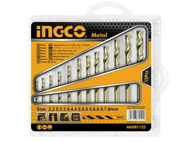 Набор сверл по металлу HSS 12шт Размеры 2-8мм, шаг 0,5мм, INGCO AKDB1125
