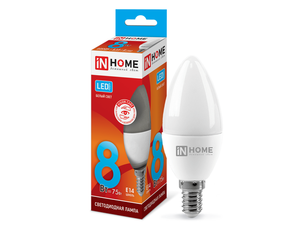 Лампа светодиодная 8 Вт E14 C37 4000К 600Лм матовая 230В свеча LED-СВЕЧА-VC 4690612020433 IN HOME