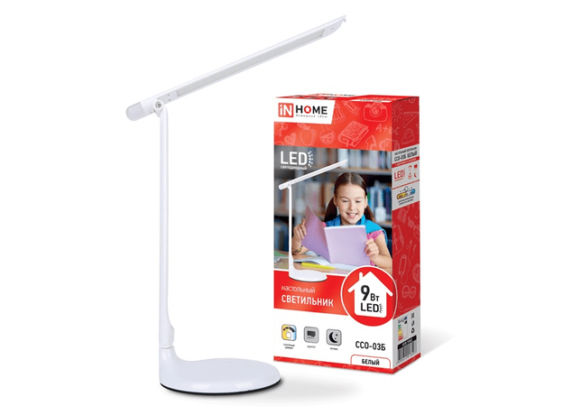 Светильник светодиодный настольный ССО-03Б 9Вт сенсор-диммер ночник адаптер белый IN HOME Светильник светодиодный настольный ССО-03Б 9Вт сенсор-диммер ночник адаптер белый IN HOME