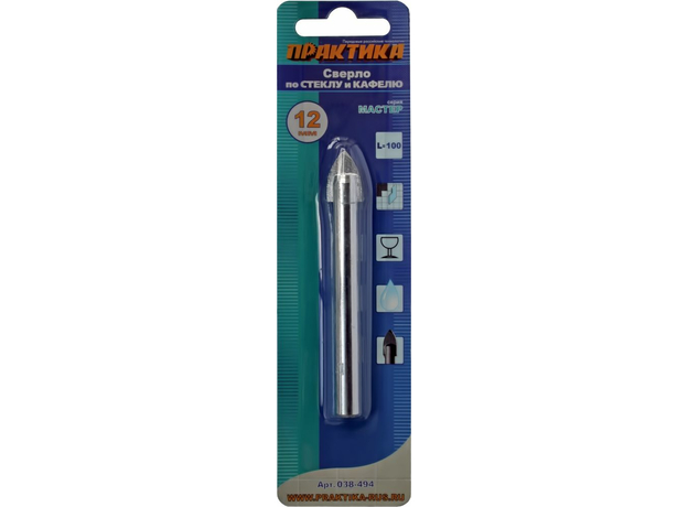 Сверло по кафелю/стеклу 12х100 мм "Мастер" ПРАКТИКА 038-494