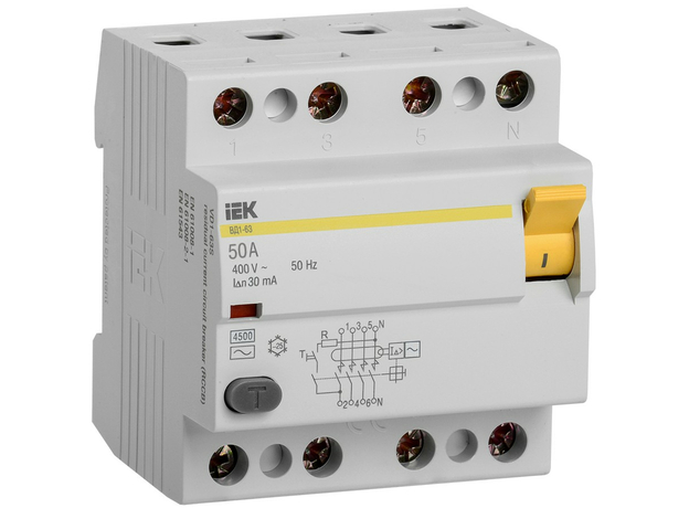 Выключатель дифференциального тока (УЗО) 4п 50А 30мА ВД1-63 АС(Электромеханическое) IEK MDV10-4-050-030
