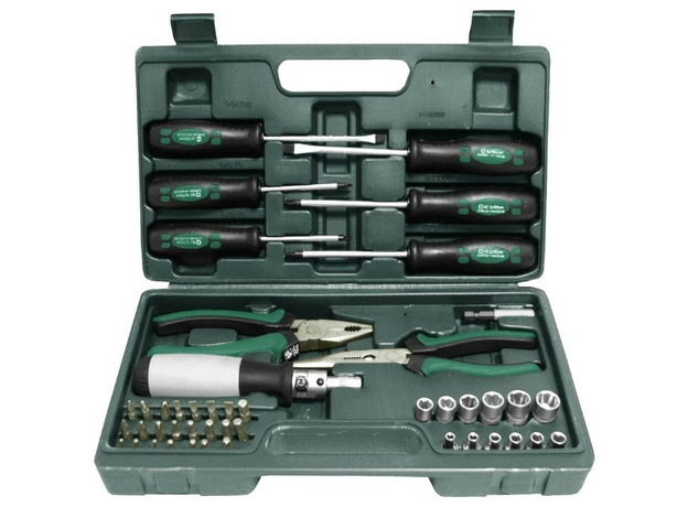 Набор инструмента 45 шт (пассатижи, отвертки, биты), пластиковый чемодан FIT 65143