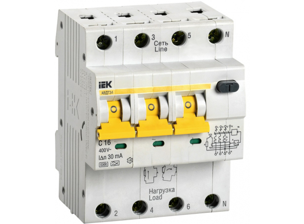 Выключатель автоматический дифференциальный 34 C16 30мА IEK MAD22-6-016-C-30