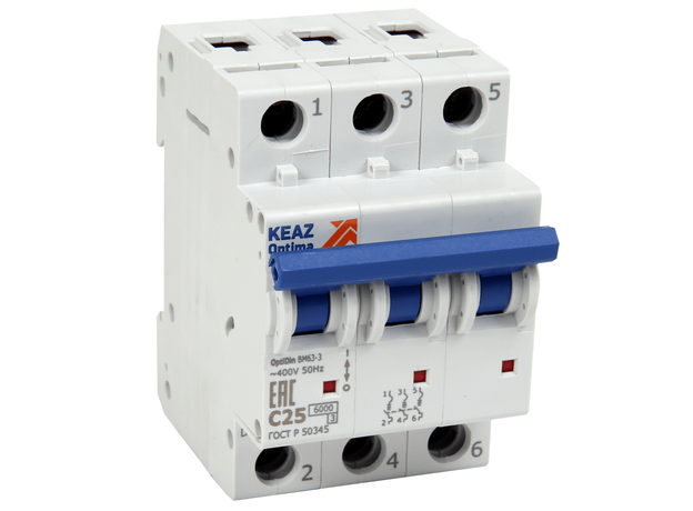 Выключатель автоматический модульный BM63 OptiDin 2А 3П трехполюсный C 6кА 260795 КЭАЗ