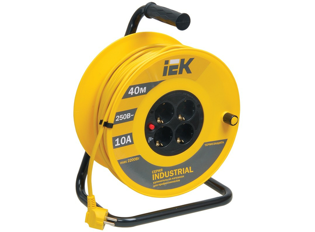 Удлинитель 40 метров силовой УК40 катушка с термозащитой, 4 гнезда, 2Р+РЕ, ПВС 3х1мм2, WKP14-10-04-40 IEK