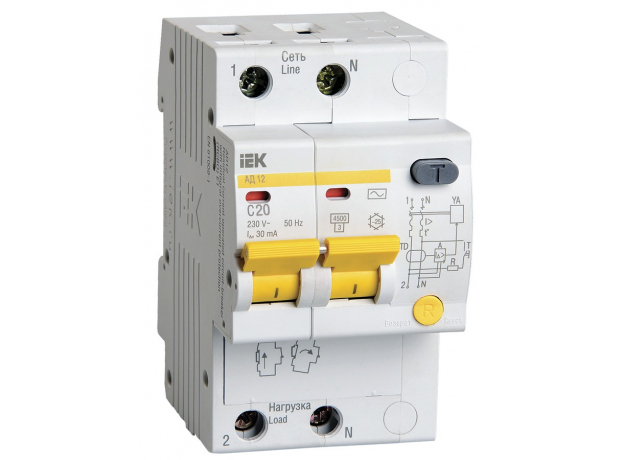 Выключатель автоматический дифференциальный АД-12 2п 20А 30мА С IEK MAD10-2-020-C-030