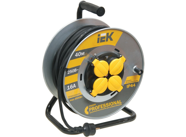 Удлинитель 40 метров УК40 на металлической катушке с термозащитой, 4 гнезда, 2Р+РЕ, КГ 3х1,5мм2 IP44, WKP16-16-04-40-44 IEK