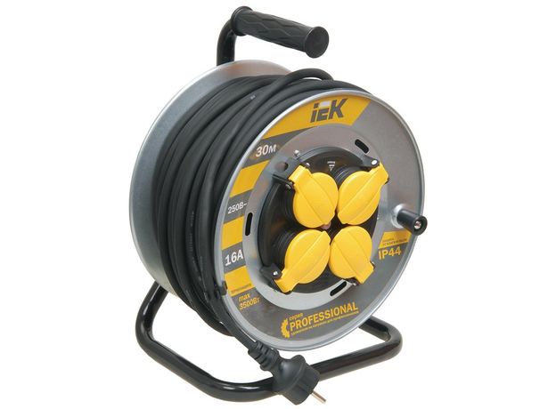 Удлинитель 30 метров УК30 на металлической катушке с термозащитой, 4 гнезда, 2Р+РЕ, КГ 3х1,5мм2, IP44, WKP16-16-04-30-44 IEK