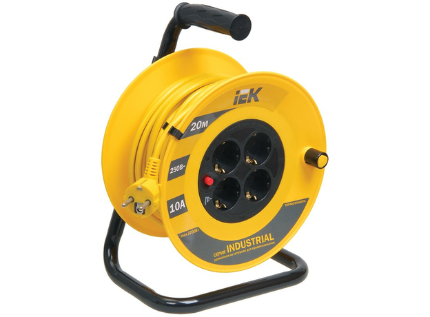 Удлинитель 20 метров УК20 катушка с термозащитой, 4 гнезда, 2Р+РЕ, ПВС 3х1 мм2, WKP14-10-04-20 IEK