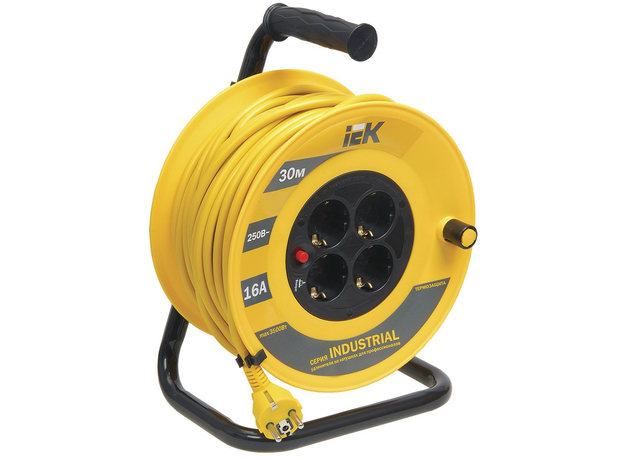 Удлинитель 30 метров, УК30, 4 гнезда 2Р+PЕ, катушка с термозащитой ПВС 3х1,5мм2, WKP15-16-04-30 IEK