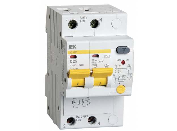 Выключатель автоматический дифференциальный АД-12М 2п С25 30мА IEK MAD12-2-025-C-030