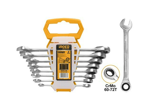 Набор комбинированных ключей с трещоткой 8-19 мм. 8 предметов INGCO INDUSTRIAL HKSPAR1082