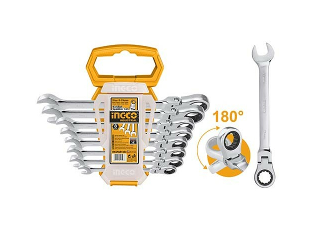 Набор комбинированных шарнирных ключей с трещоткой 8-19 мм 8 предметов INGCO INDUSTRIAL HKSPAR1083