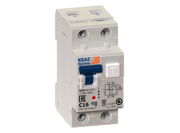 Выключатель автоматический дифференциальный АВДТ OptiDin D63-22C16-A-УХЛ4 с защитой от сверхтоков КЭАЗ