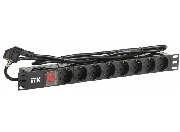 ITK Блок розеток корпус ПВХ 8 розеток с выключателем 1U вилка шнур 2м немецкий стандарт