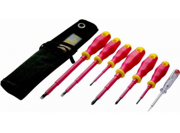 Отвертки изолированные 1000 В, CrV сталь, прорезин. ручки, в нейлоновом конверте, 6 шт+ 1 индикаторная FIT 56130
