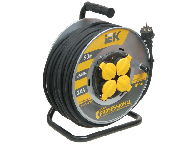Удлинитель 50 метров  4 гнезда УК50 на металлической катушке с термозащитой, 2Р+РЕ, КГ 3х1,5мм2, IP44, WKP16-16-04-50-44 IEK