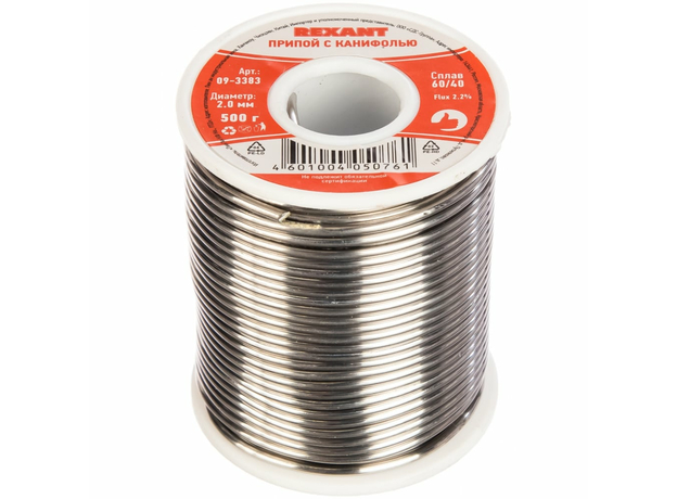 Припой с канифолью, 500 г, 2.0 мм, олово 60%, свинец 40% REXANT 09-3383