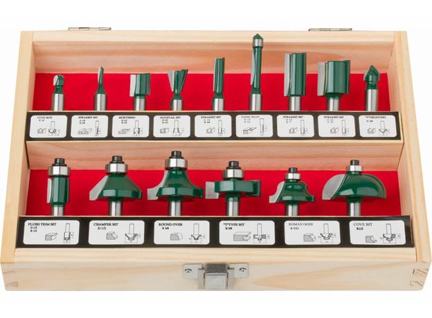 Фрезы по дереву кромочные, набор 15 шт, деревянный бокс, хвостовик 8 мм FIT 36579