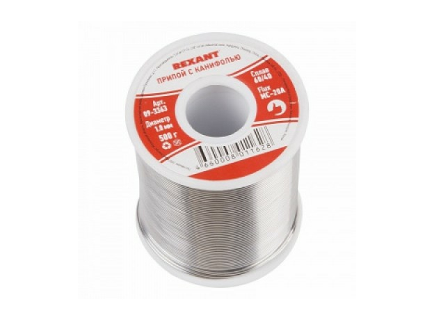 Припой с канифолью, 500 г, 1.0 мм, олово 60%, свинец 40% REXANT 09-3363