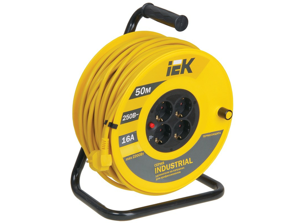 Удлинитель 50 метров УК50 на катушке с термозащитой, 4 гнезда, 2Р+РЕ, ПВС 3х1,5мм2, WKP15-16-04-50 IEK