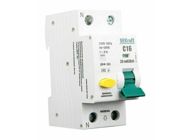 Выключатель автоматический дифференциальный 1Р+N 16А 30мА тип A х-ка С ДИФ-103 6кА DEKraft 16229DEK