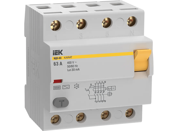 Выключатель дифференциальный KARAT ВД3-63 4P 63А 30мА 6кА тип AC IEK MDV20-4-063-030