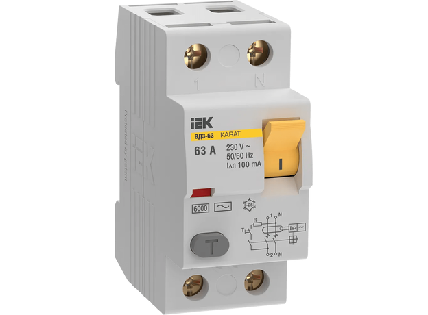 Выключатель дифференциальный KARAT ВД3-63 2P 63А 100мА 6кА тип AC IEK MDV20-2-063-100