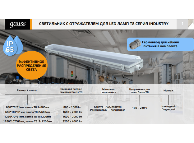 Светильник влагозащитный ДСП СПП-Т8-G13 1276х60х55 мм IP65 для светодиодных LED ламп 1х1200 мм с отражателем INDUSTRY Gauss 909410112