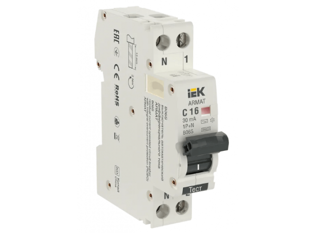 ARMAT Выключатель автоматический дифференциальный АВДТ B06S 1п+NP C16 30мА тип AC IEK AR-B06S-1N-C16C030