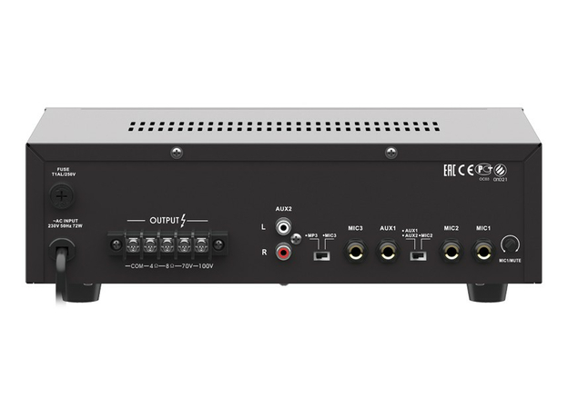 Усилитель трансляционный, mp3, WMA с разъемами для установки USB/SD/MMC-карт 35 Вт, USB-проигрыватель, 3 микр/2 лин входа Roxton AA-35M