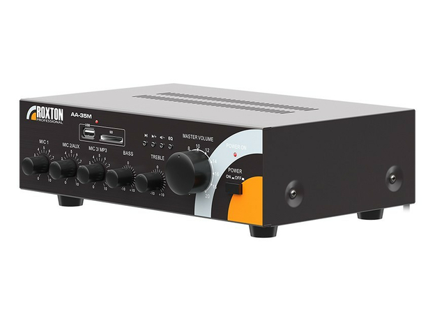 Усилитель трансляционный, mp3, WMA с разъемами для установки USB/SD/MMC-карт 35 Вт, USB-проигрыватель, 3 микр/2 лин входа Roxton AA-35M