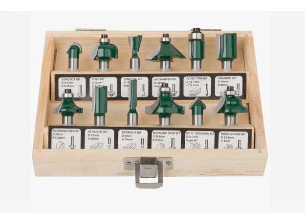 Фрезы по дереву кромочные, набор 12 шт, деревянный бокс, хвостовик 8 мм FIT 36578